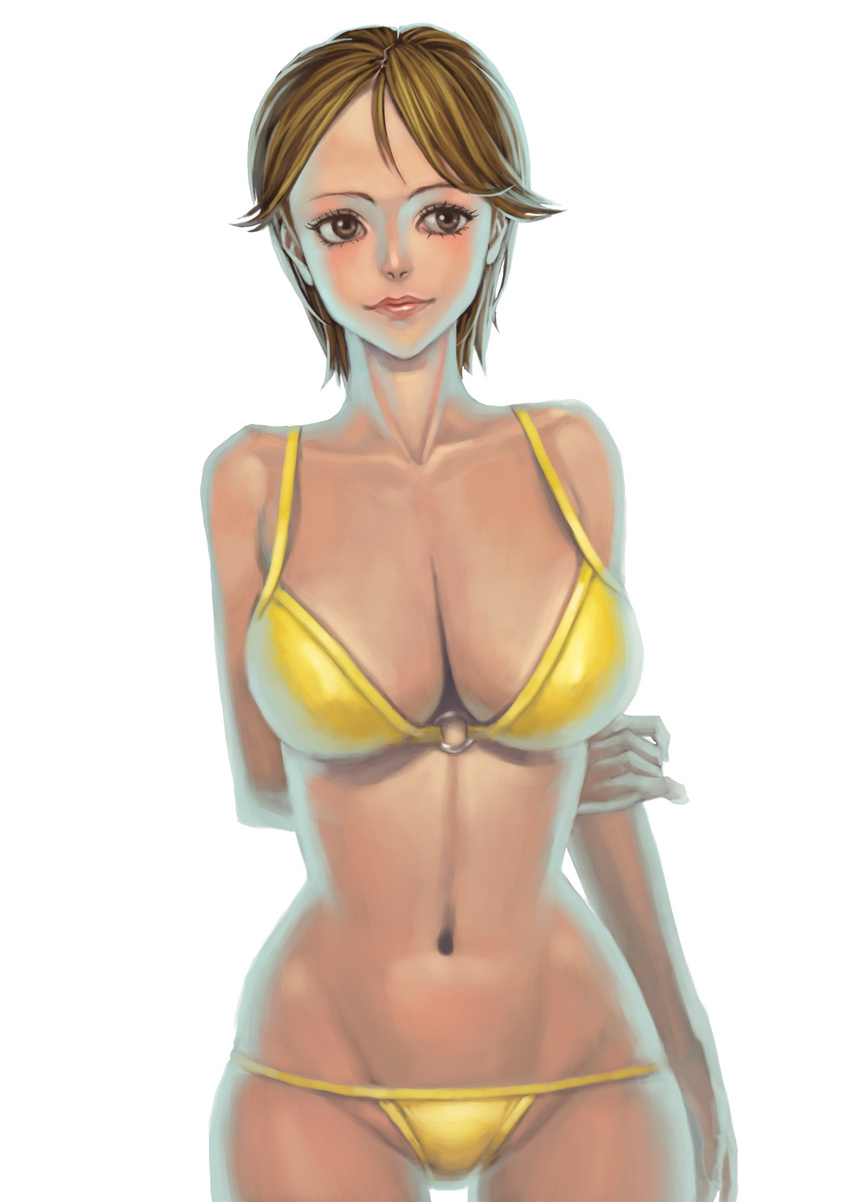 bare_shoulders bikini breasts brown_eyes brown_hair copyright_request highres large_breasts lips navel pontako short_hair simple_background solo swimsuit white_background