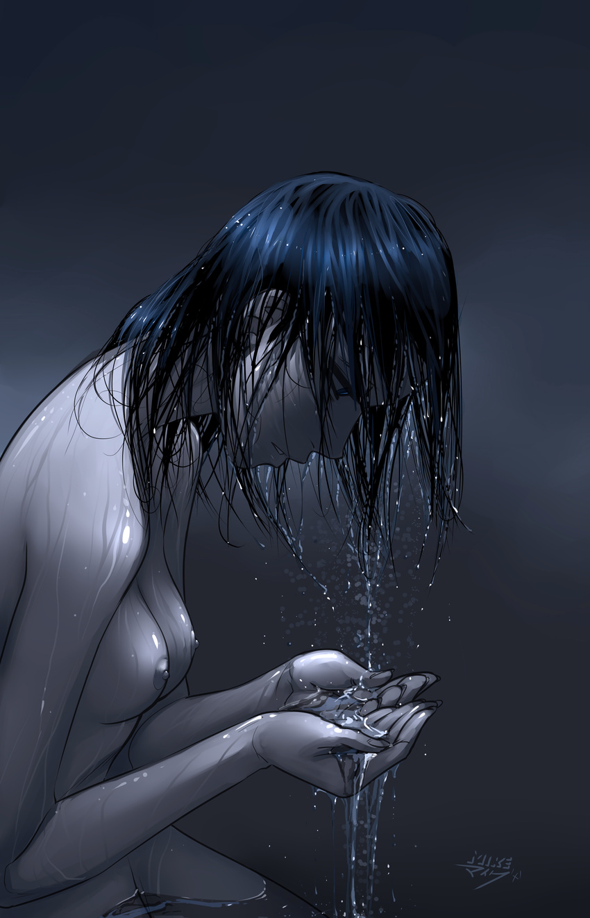 absurdres blue_eyes blue_hair breasts cupping_hands highres medium_breasts mike_nesbitt nipples nude original partially_submerged solo water wet