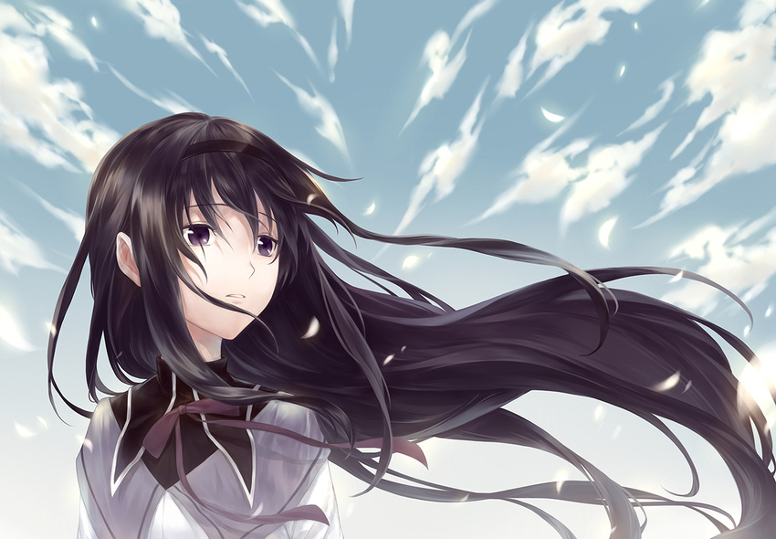 akemi_homura azmodan bad_id bad_pixiv_id black_hair hairband long_hair mahou_shoujo_madoka_magica petals purple_eyes solo upper_body wind