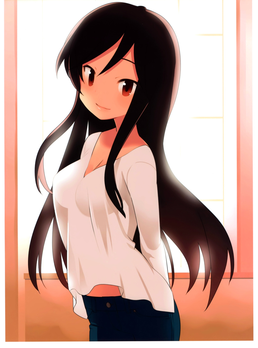 a_channel absurdres arms_behind_back black_hair breasts cleavage denim highres jeans kuroda_bb long_hair looking_at_viewer medium_breasts nishi_yuuko official_art pants red_eyes scan see-through_silhouette smile solo v-neck