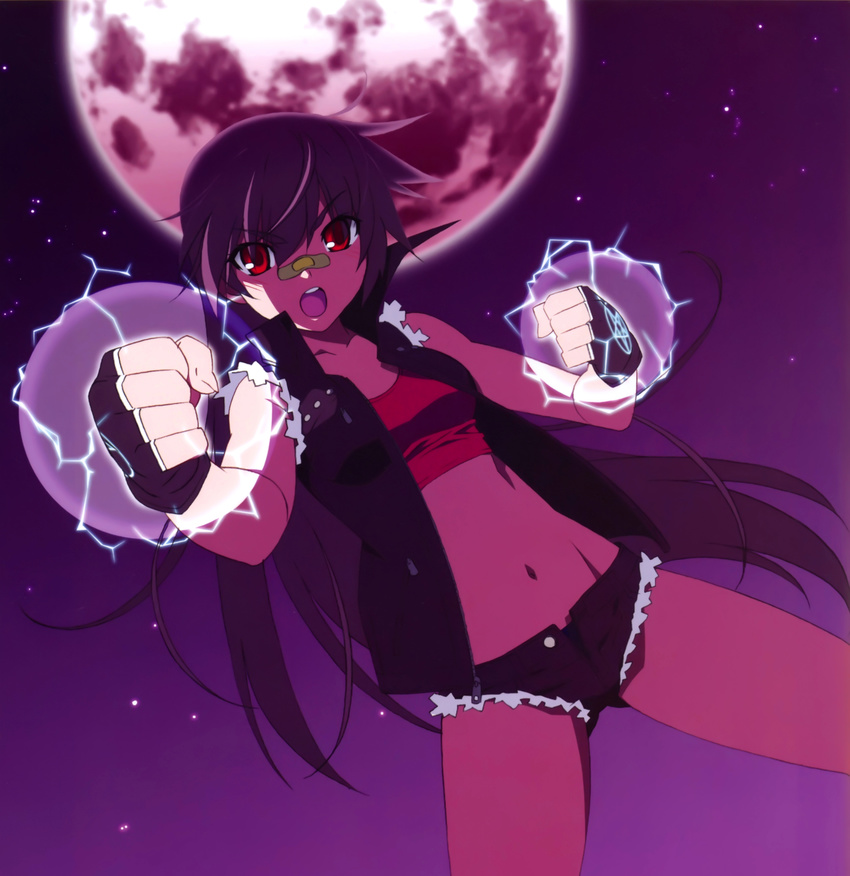 absurdres aquarian_age bandaid bandaid_on_nose bare_shoulders black_gloves black_hair black_panties cutoffs denim denim_shorts fingerless_gloves full_moon gloves glowing highres long_hair midriff moon navel open_mouth panties red_eyes scan short_shorts shorts sleeveless solo tank_top tomboy unbuttoned underwear watanabe_akio