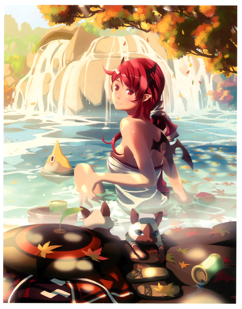 absurdres bare_shoulders demon_wings felyne highres horns leaf long_hair looking_back monster_hunter monster_hunter_portable_3rd onsen partially_submerged red_eyes red_hair sandals scan sitting smile solo steam towel vofan wet wings