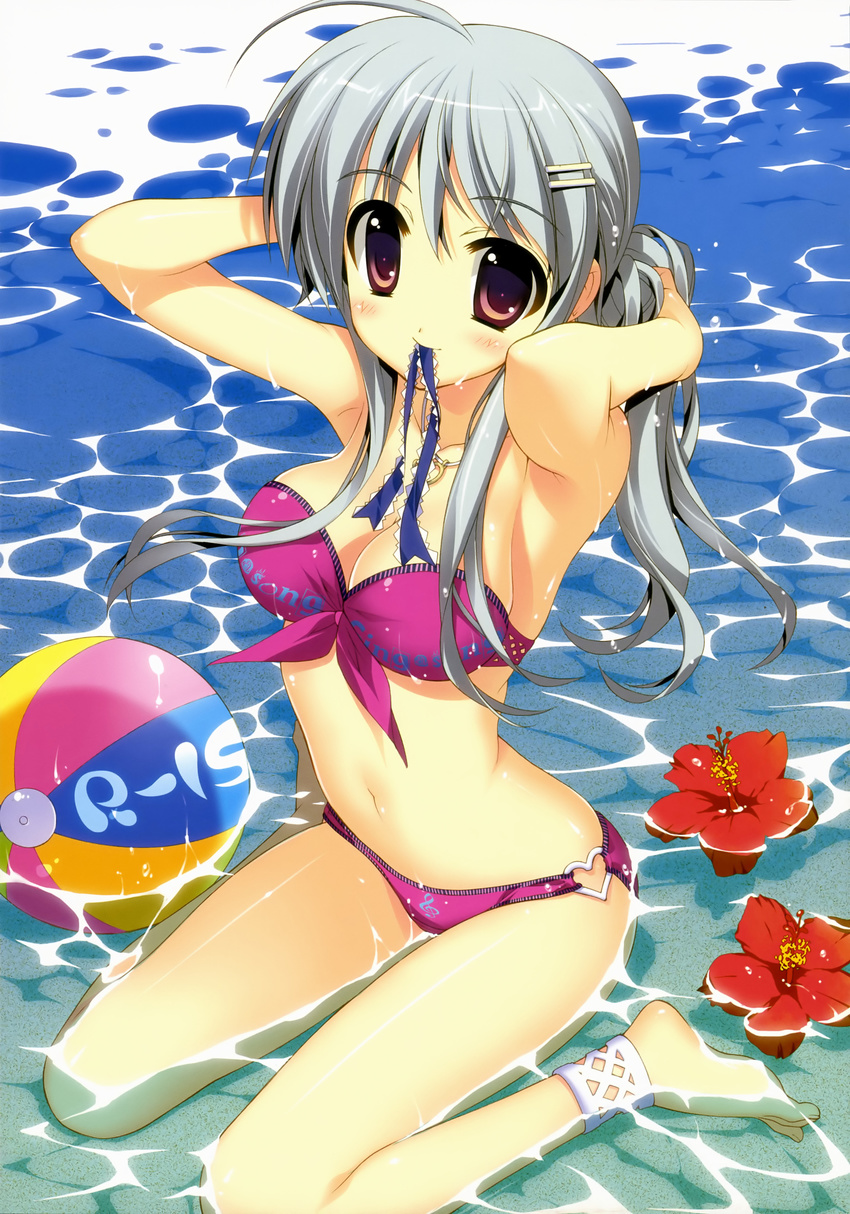 absurdres adjusting_hair ankleband anklet arms_up ball bare_shoulders barefoot beachball bikini breasts cleavage flower fujima_takuya hair_ornament hairclip heart hibiscus highres jewelry medium_breasts mouth_hold navel necklace partially_submerged pink_bikini r-15 red_eyes ribbon ribbon_in_mouth scan shiny shiny_skin silver_hair sitting solo sonokoe_utae strapless swimsuit tying_hair wariza water