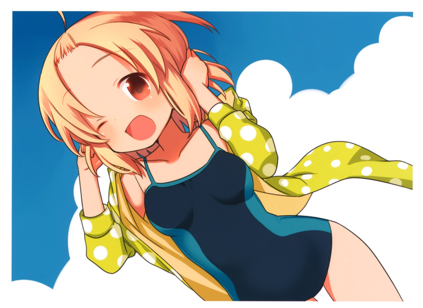 ;d a_channel absurdres bare_shoulders blonde_hair blue_sky cloud competition_swimsuit day dutch_angle highres hood hooded_jacket hoodie jacket kuroda_bb momoki_run official_art one-piece_swimsuit one_eye_closed open_clothes open_hoodie open_mouth polka_dot red_eyes scan short_hair sky smile solo swimsuit