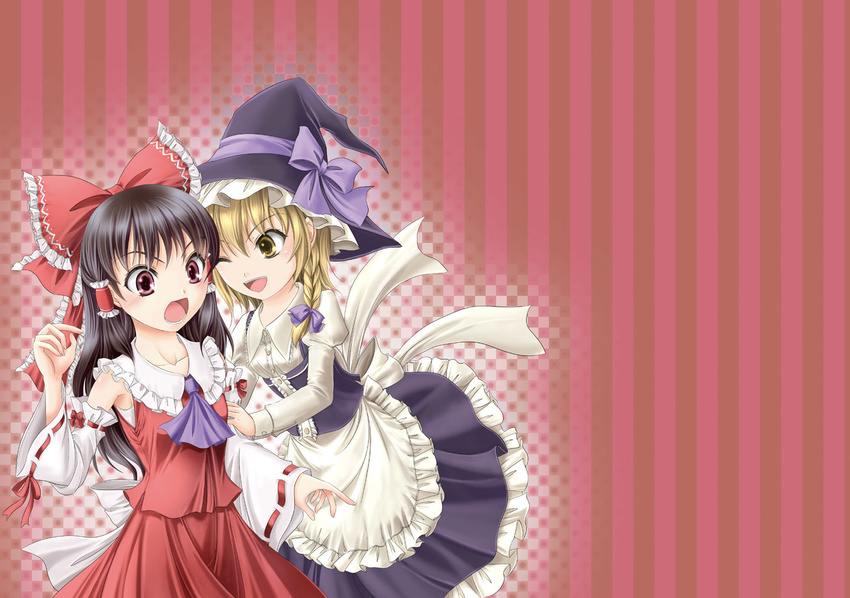 annoyed apron arm_grab ascot blonde_hair bow braid brown_hair checkered checkered_background cover cover_page detached_sleeves hair_bow hakurei_reimu hat hat_ribbon kirisame_marisa multiple_girls one_eye_closed open_mouth red_background red_eyes ribbon side_braid skirt skirt_set striped striped_background touhou vertical-striped_background vertical_stripes witch_hat yellow_eyes yuki_shuuka