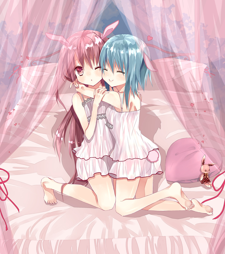 ;o ^_^ animal_ears bad_id bad_pixiv_id barefoot bed blue_hair blush bunny_ears bunny_tail camisole closed_eyes curtains dress heart heart_pillow highres hug kamichi_miyaki kneeling lingerie long_hair multiple_girls on_bed one_eye_closed original personification pillow pink_hair red_eyes short_hair smile stuffed_animal stuffed_bunny stuffed_toy tail underwear underwear_only very_long_hair