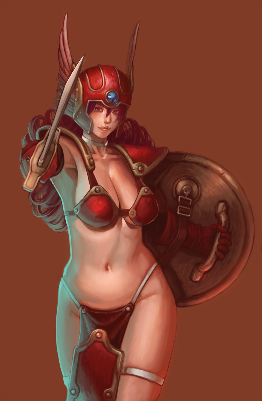 armor bikini bikini_armor breasts cleavage dragon_quest dragon_quest_iii helmet highres large_breasts lips long_hair mole navel pontako red_armor shield simple_background soldier_(dq3) solo swimsuit sword weapon