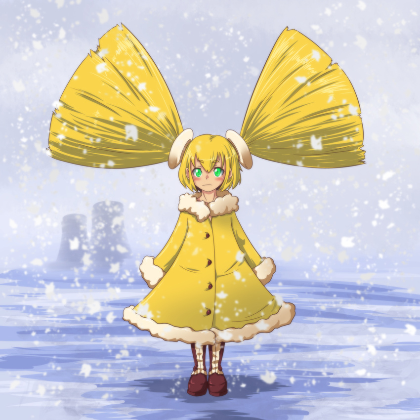 alteigramme blonde_hair commentary cooling_tower glowing glowing_eyes green_eyes highres nuclear_powerplant original personification powerplant radiation radiation_symbol radioactive short_twintails snow snowing solo twintails winter winter_clothes yellow