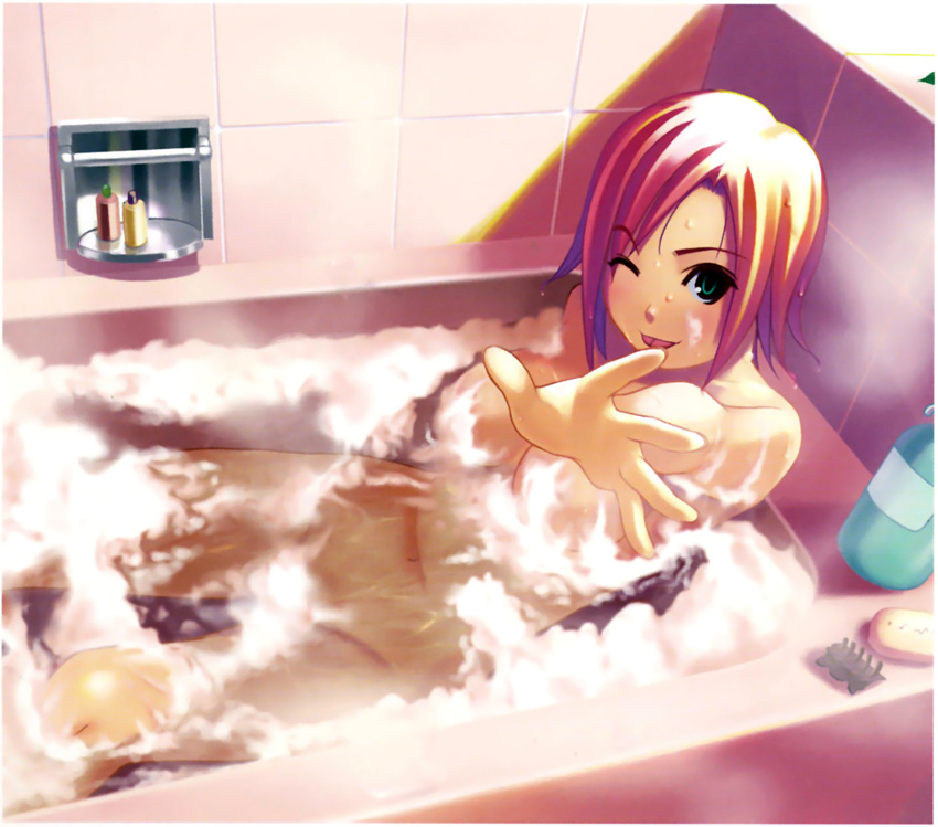 ;p bath bathtub breasts censored convenient_censoring green_eyes highres koutaro medium_breasts navel nude one_eye_closed outstretched_hand pink_hair rio_rollins scan short_hair soap_bubbles soap_censor solo steam super_blackjack tongue tongue_out