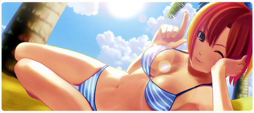 ;) arm_support bare_shoulders bikini blue_sky breasts cleavage cloud day fingernails green_eyes highres koutaro lens_flare long_fingernails lying medium_breasts nail_polish navel on_side one_eye_closed palm_tree parted_lips red_hair rio_rollins scan short_hair sky smile solo striped striped_bikini sun sunlight super_blackjack swimsuit thigh_gap tree
