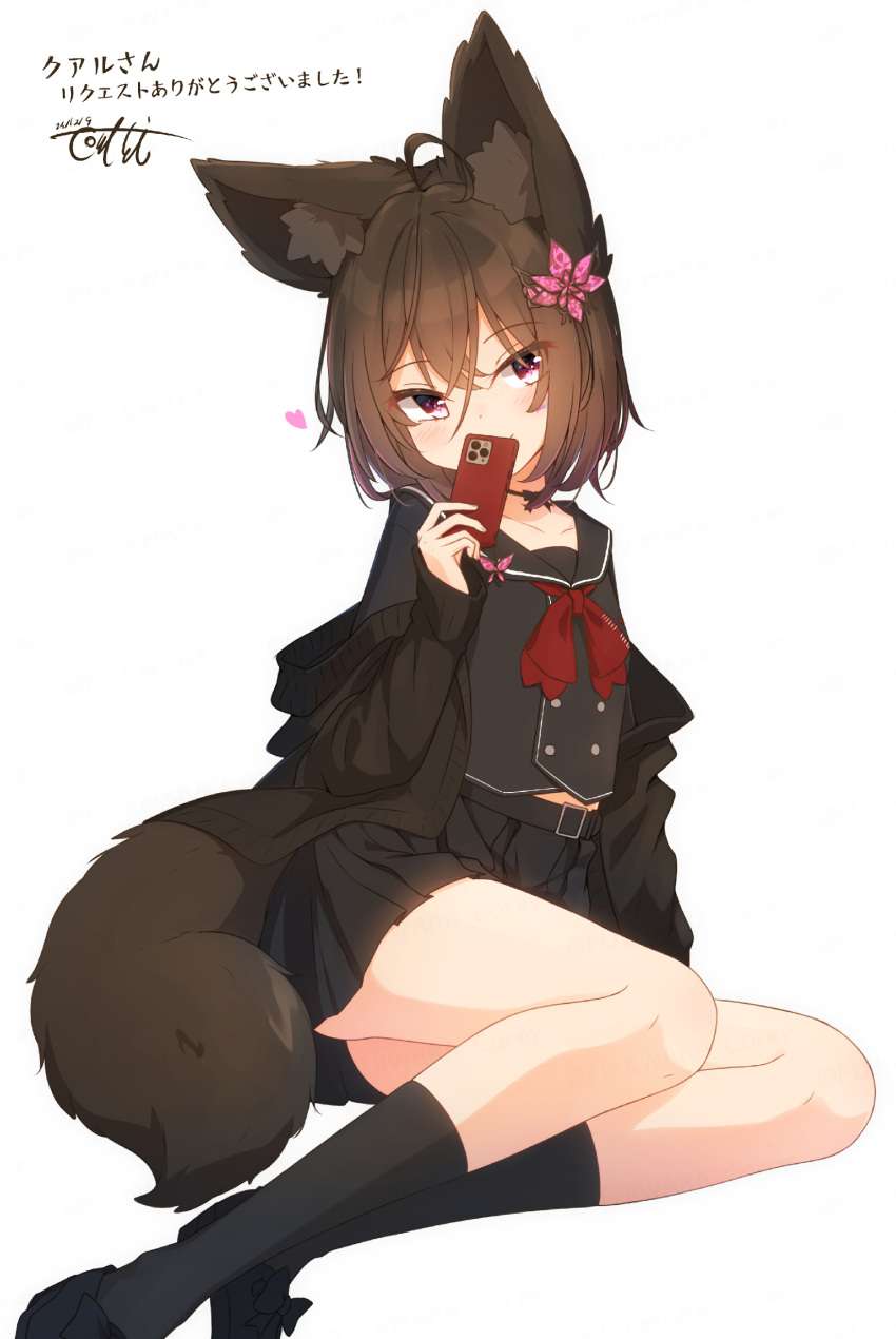 1girl absurdres ahoge animal_ear_fluff animal_ears belt belt_buckle black_belt black_bow black_footwear black_sailor_collar black_serafuku black_shirt black_skirt black_socks bow brown_hair buckle cellphone closed_mouth commentary_request coreytaiyo dated fox_ears fox_girl fox_tail hair_between_eyes hair_ornament highres holding holding_phone original phone pleated_skirt purple_eyes sailor_collar school_uniform serafuku shirt shoes signature simple_background skirt smile socks solo tail translation_request white_background