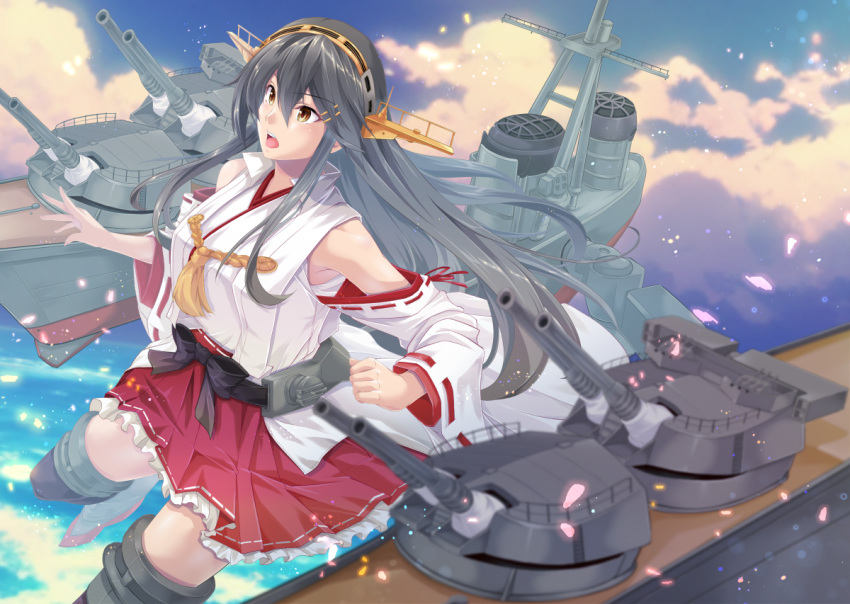 1girl armpits bare_shoulders blue_sky boots breasts brown_eyes cannon cloud detached_sleeves frilled_skirt frills grey_hair hair_between_eyes hair_ornament hairclip hakama hakama_skirt haruna_(kancolle) haruna_kai_ni_(kancolle) headgear japanese_clothes kantai_collection long_hair looking_at_another map_(blue_catty) medium_breasts nontraditional_miko ocean open_mouth outdoors pleated_skirt red_skirt skirt sky solo turret wide_sleeves