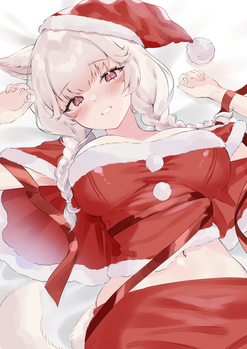 1girl animal_ears bed_sheet blush braid breasts capelet cat_ears cat_girl cat_tail commentary facial_mark final_fantasy final_fantasy_xiv fur-trimmed_capelet fur-trimmed_headwear fur_trim grey_hair hat highres large_breasts long_hair looking_at_viewer lying midriff miqo'te navel on_back red_capelet red_eyes red_skirt santa_costume santa_hat shhilee skirt solo stomach tail twin_braids warrior_of_light_(ff14) whisker_markings