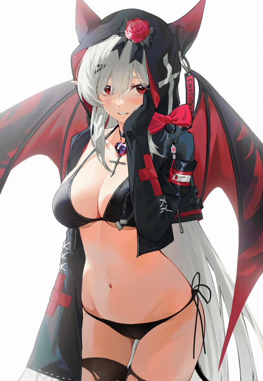 1girl absurdres armband bikini black_bikini black_bikini_bottom black_bow black_choker black_jacket black_thighhighs blush bow breasts cameltoe choker cleavage commission cropped_jacket cross cross_choker cross_necklace demon demon_girl demon_horns demon_tail demon_wings drive_shot flower grey_hair groin hair_between_eyes hand_on_own_face highres hood hood_up hooded_jacket hoodie horned_hood horns jacket jewelry large_breasts long_hair long_sleeves looking_at_viewer navel necklace open_clothes open_jacket original pixiv_commission red_bow red_eyes red_flower red_wings side-tie_bikini_bottom simple_background skindentation swimsuit tail thigh_gap thighhighs torn_clothes torn_thighhighs underboob unzipped white_background wings