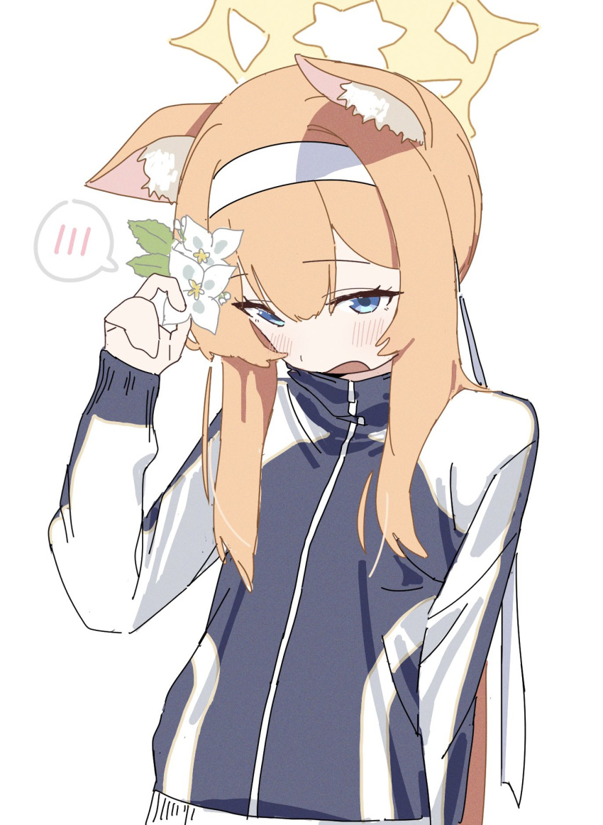 1girl animal_ear_fluff animal_ears blue_archive blue_eyes blush flower hair_between_eyes hair_flower hair_ornament halo headband highres jacket long_hair long_sleeves looking_at_viewer mari_(blue_archive) mari_(track)_(blue_archive) open_mouth orange_hair sidelocks simple_background solo spoken_blush track_jacket upper_body what_a white_background white_flower white_headband