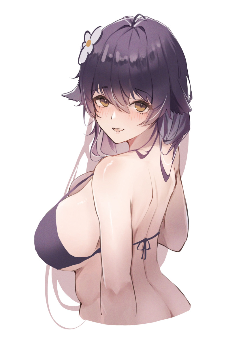 1girl absurdres azuma_(azur_lane) azur_lane bikini black_bikini black_hair blush breasts cleavage cropped_torso floppy_ears flower from_behind hair_between_eyes hair_flower hair_ornament highres large_breasts long_hair looking_at_viewer looking_back open_mouth sea_nami simple_background smile solo swimsuit upper_body white_background