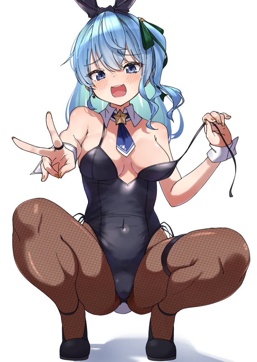 1girl alternate_costume animal_ears bare_shoulders black_footwear black_leotard black_pantyhose blue_eyes blue_hair blue_necktie blush breasts commentary_request covered_navel detached_collar earrings eru_(l_illust45) fake_animal_ears fake_tail fingernails fishnet_pantyhose fishnets furrowed_brow green_ribbon hair_between_eyes hair_ribbon hand_up highleg highleg_leotard highres hololive hoshimachi_suisei jewelry leotard long_hair looking_at_viewer medium_breasts nail_polish necktie open_mouth outstretched_arm pantyhose playboy_bunny rabbit_ears rabbit_tail ribbon ring shadow short_necktie side-tie_leotard side_ponytail simple_background single_earring smile solo squatting star_(symbol) star_earrings star_in_eye symbol_in_eye tail thigh_strap v virtual_youtuber white_background white_wrist_cuffs wrist_cuffs yellow_nails