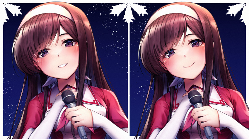 1girl blush border brown_hair close-up closed_mouth commentary_request eyelashes hairband hands_up highres holding holding_microphone long_hair looking_at_viewer marutenmaruten microphone morikawa_yuki multiple_views parted_bangs parted_lips simple_background sky sleeves_past_wrists smile solo star_(sky) starry_sky straight_hair white_album white_album_(series) white_border white_hairband white_sleeves wide_sleeves