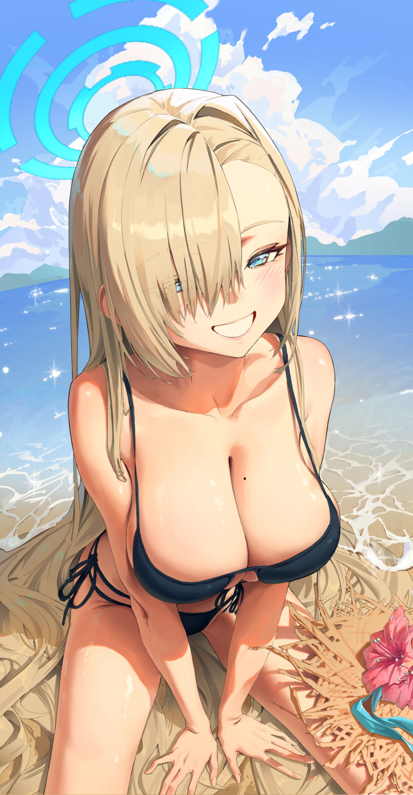 1girl :d absurdres asuna_(blue_archive) asymmetrical_bangs bare_arms bare_shoulders beach bikini black_bikini blonde_hair blue_archive blue_eyes blue_halo blue_ribbon blue_sky blush breasts brown_headwear cleavage cloud collarbone commentary cowboy_shot cumulonimbus_cloud day eyes_visible_through_hair fingernails fisheye flower front-tie_bikini_top front-tie_top grin groin hair_over_one_eye hair_spread_out halo hand_on_ground hat hat_flower hat_ribbon hibiscus highres jhigf large_breasts long_bangs long_hair looking_at_viewer mole mole_on_breast mountainous_horizon multi-strapped_bikini_bottom on_ground outdoors pink_flower ribbon side-tie_bikini_bottom sitting sky smile solo sparkle straw_hat swimsuit unworn_hat unworn_headwear v_arms very_long_hair water