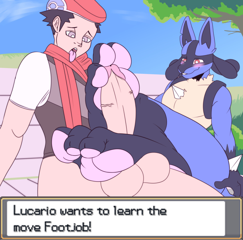 bcm13 duo feet foot_fetish foot_play footjob generation_4_pokemon genitals hi_res human lucario lucas_(pokemon) mammal nintendo penis pokemon pokemon_(species) sex