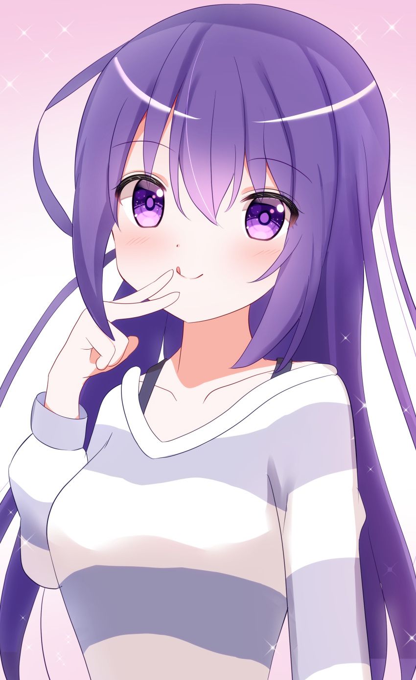 1girl absurdres collarbone eins_9 gochuumon_wa_usagi_desu_ka? hair_between_eyes highres long_hair long_sleeves looking_at_viewer purple_eyes purple_hair shirt smile solo sparkle striped striped_shirt tedeza_rize tongue tongue_out upper_body