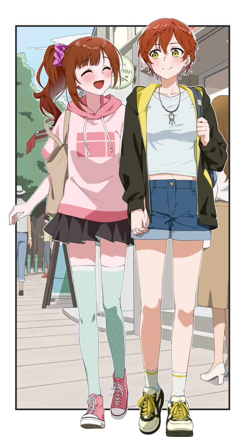 2girls bag black_jacket black_skirt blue_shorts blue_sky blush breasts brown_bag building cloud commentary dating day denim denim_shorts dr._gero_(staedtler_0508) drawstring full_body green_eyes green_thighhighs hair_between_eyes highres holding_hands holding_strap hood hooded_jacket hoodie idolmaster idolmaster_cinderella_girls igarashi_kyoko interlocked_fingers jacket jewelry legs light_blush long_hair looking_at_another medium_breasts miniskirt multiple_girls navel necklace open_clothes open_jacket open_mouth outdoors pink_footwear pink_hoodie pink_scrunchie pleated_skirt polka_dot_thighhighs print_hoodie road scrunchie shirt shoes short_hair short_sleeves shorts shoulder_bag side_ponytail sidelocks skirt sky smile sneakers socks street thighhighs thighs tree walking white_footwear white_shirt white_socks yoshioka_saki