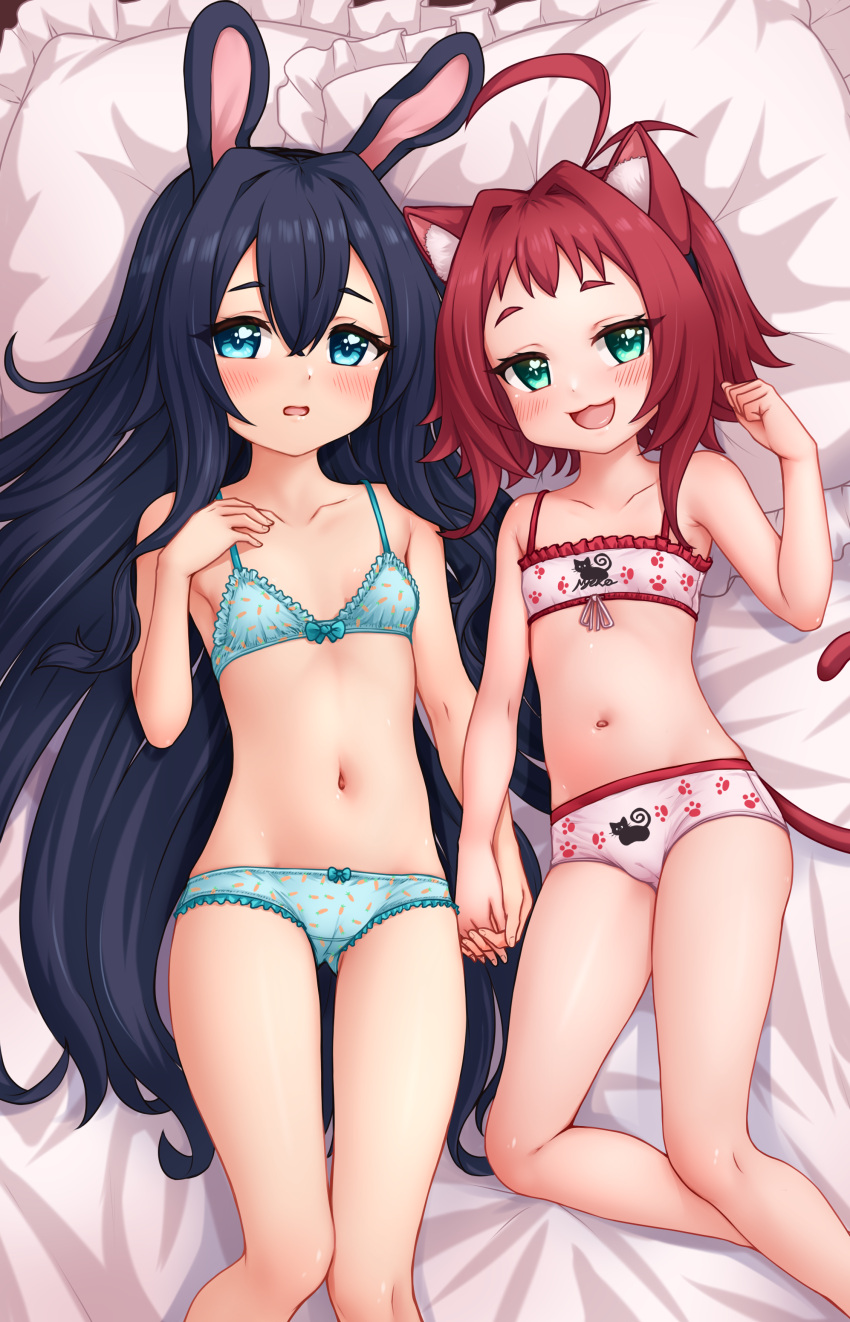 2girls absurdres animal_ears animal_print bed blue_eyes blue_hair blush bow bow_bra bow_panties bra cameltoe carrot_print cat_ears cat_print cat_tail collarbone djloops food_print highres holding_hands interlocked_fingers kimi_no_koto_ga_dai_dai_dai_dai_daisuki_na_100-nin_no_kanojo lace lace-trimmed_bra lace-trimmed_panties lace_trim long_hair looking_at_viewer lying multiple_girls navel on_back open_mouth panties paw_print pillow rabbit_ears red_hair short_hair smile stomach tail underwear underwear_only yakuzen_kusuri yoshimoto_shizuka