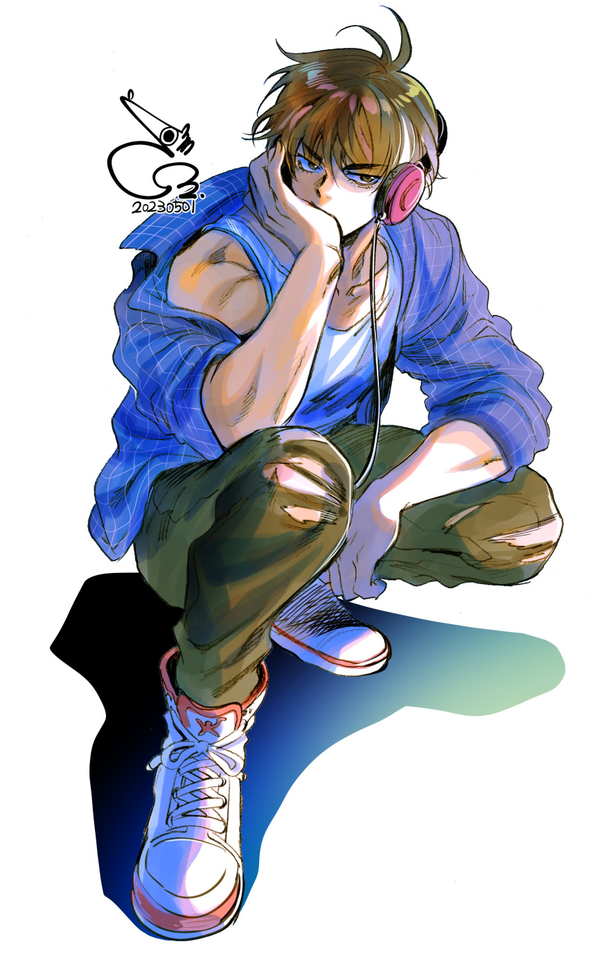 1boy absurdres bae_(baebae) blue_shirt brown_eyes brown_hair collared_shirt covering_mouth denim full_body green_pants hand_over_own_mouth headphones highres jeans long_sleeves looking_to_the_side male_focus pants plaid plaid_shirt rukawa_kaede shadow shirt shoes short_hair simple_background single_off_shoulder slam_dunk_(series) sleeves_rolled_up sneakers solo squatting tank_top torn_clothes torn_jeans torn_pants white_background white_footwear white_tank_top