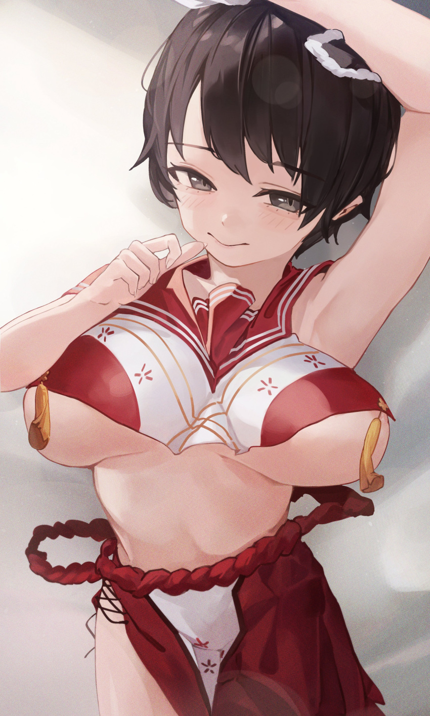 1girl absurdres animal_ears arm_up armpits bare_shoulders black_eyes black_hair blue_archive blush breast_curtains breasts buttons closed_mouth commentary double-breasted highres jun_daniell large_breasts looking_at_viewer lying midriff on_back parted_bangs pelvic_curtain red_sailor_collar revealing_clothes rope sailor_collar shimenawa short_hair sleeveless smile solo tsubaki_(blue_archive) underboob upper_body very_short_hair yellow_tassel