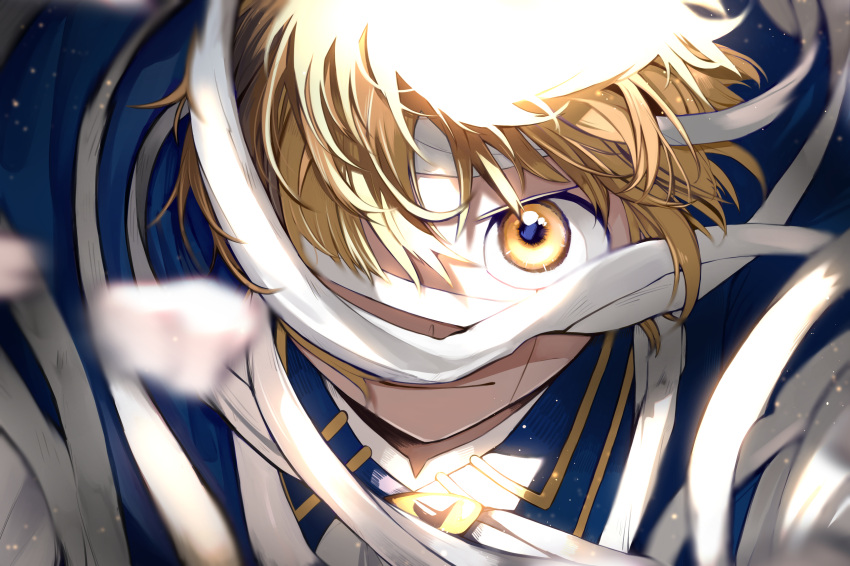 1boy bandaged_head bandages blonde_hair blue_cape blurry cape commentary_request depth_of_field facial_mark gash_bell hair_over_one_eye hei_tai_(kyaputen1) highres konjiki_no_gash!! konjiki_no_gash!!_2 light male_focus petals portrait smile solo yellow_eyes