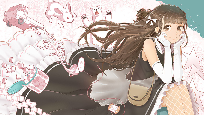 bag bear bow brown_eyes brown_hair bunny chin_rest cup daigoman elbow_gloves fishnet_pantyhose fishnets gloves ground_vehicle hair_bow long_hair motor_vehicle original pantyhose saucer sitting sleeveless smile solo star sugar_cube teacup truck white_gloves