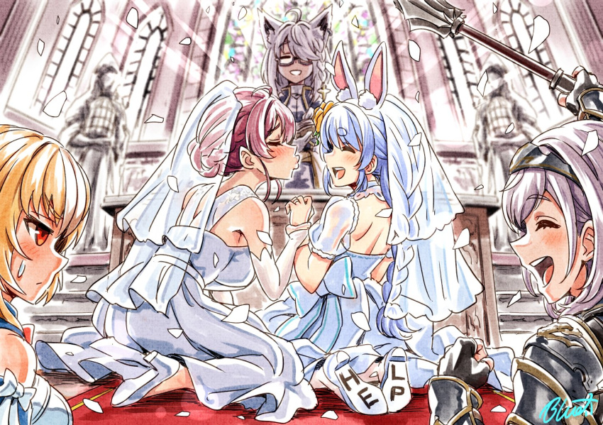 5girls animal_ear_fluff animal_ears blue_hair blush breasts bride brown_hair buru-dai church closed_eyes clothes_writing commentary_request detached_sleeves dress extra_ears forced fox_ears grey_hair high_heels hololive houshou_marine kneeling large_breasts multiple_girls puckered_lips puffy_detached_sleeves puffy_short_sleeves puffy_sleeves pumps rabbit_ears red_hair shiranui_flare shiranui_flare_(1st_costume) shirogane_noel shirogane_noel_(1st_costume) short_sleeves signature sleeveless sleeveless_dress smile strapless strapless_dress sweatdrop usada_pekora wedding wedding_dress white_dress white_footwear wife_and_wife yuri