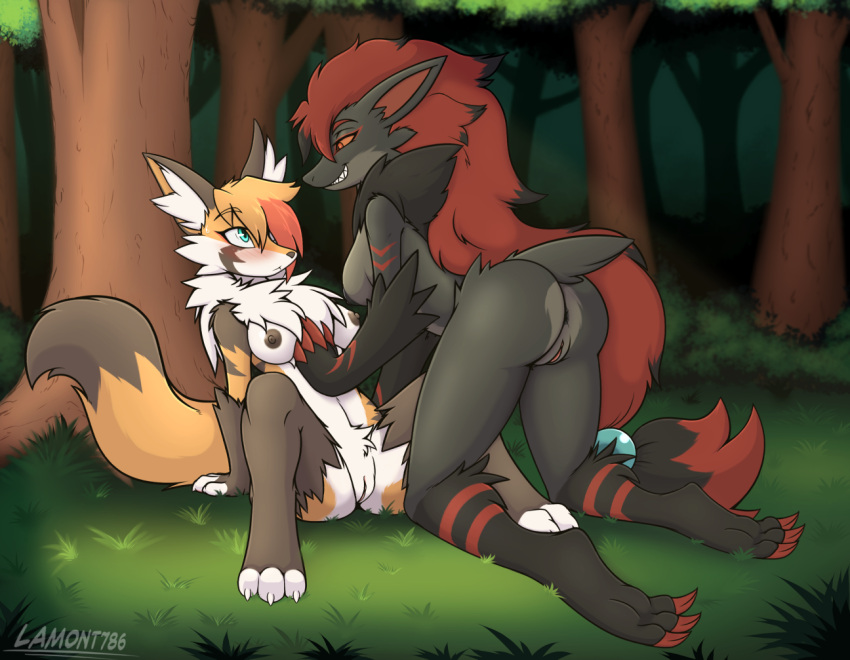 anthro anus avery_(crownforce) blush braixen breasts crownforce duna_(crownforce) female generation_5_pokemon generation_6_pokemon genitals lamont786 male male/female nintendo nipples pokemon pokemon_(species) pussy size_difference zoroark