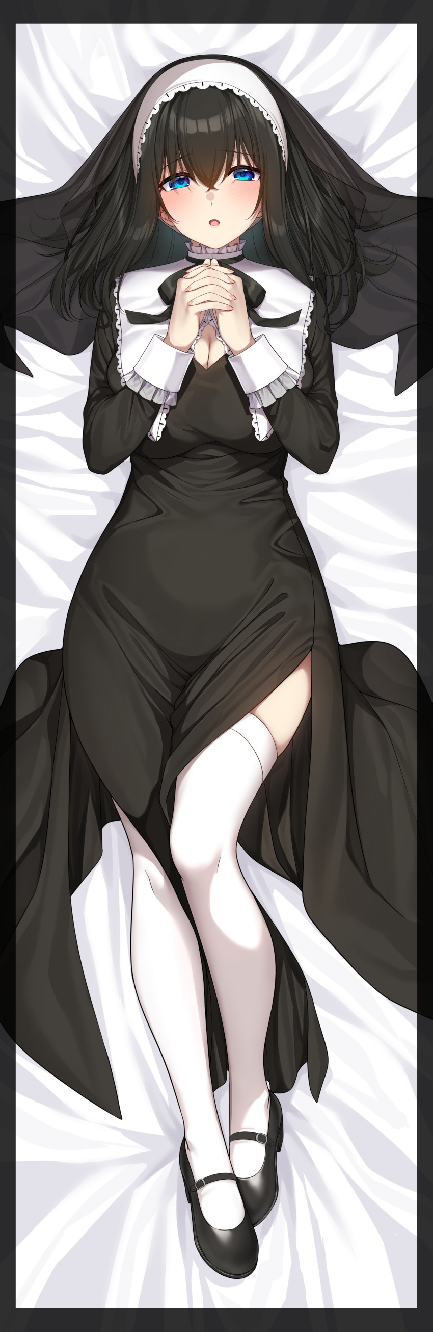 1girl absurdres black_dress black_footwear black_hair black_ribbon blue_eyes blush breasts cleavage cleavage_cutout clothing_cutout coif dakimakura_(medium) dress full_body go-1 habit hair_between_eyes hairband highres holding_own_arm idolmaster idolmaster_cinderella_girls idolmaster_cinderella_girls_starlight_stage large_breasts long_hair long_sleeves looking_at_viewer nun open_mouth ribbon sagisawa_fumika solo thighhighs white_thighhighs wrist_cuffs zettai_ryouiki