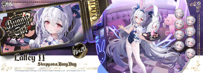 1girl animal_ears artist_request artistic_error ass azur_lane blue_hairband blue_leotard blush bow breasts character_name checkered_floor copyright_name detached_collar english_text expressions fake_animal_ears fake_tail hair_between_eyes hair_ornament hairband highres holding holding_tray laffey_(azur_lane) laffey_ii_(azur_lane) laffey_ii_(sleepy_on_a_busy_day)_(azur_lane) leotard long_hair looking_at_viewer looking_back official_alternate_costume official_art pantyhose parted_lips playboy_bunny promotional_art rabbit_ears rabbit_tail red_eyes ribbon second-party_source solo standing strapless strapless_leotard tail thighband_pantyhose thighhighs thighs tray twintails very_long_hair white_hair white_pantyhose wrist_cuffs