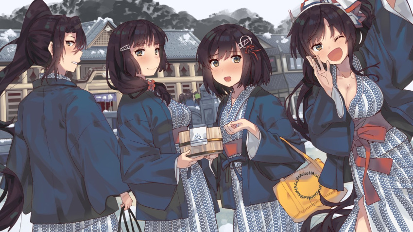 4girls arm_up ashigara_(kantai_collection) bag bangs blunt_bangs blush breasts brown_eyes brown_hair closed_mouth eyebrows_visible_through_hair eyes_closed fang haguro_(kantai_collection) hair_ornament hair_ribbon hairclip holding holding_bag japanese_clothes kantai_collection kimono large_breasts long_hair long_sleeves looking_at_viewer multiple_girls myoukou_(kantai_collection) nachi_(kantai_collection) obi one_eye_closed open_mouth outdoors ponytail remodel_(kantai_collection) ribbon sash short_hair side_ponytail smile snow thick_eyebrows tonari_no_kai_keruberosu