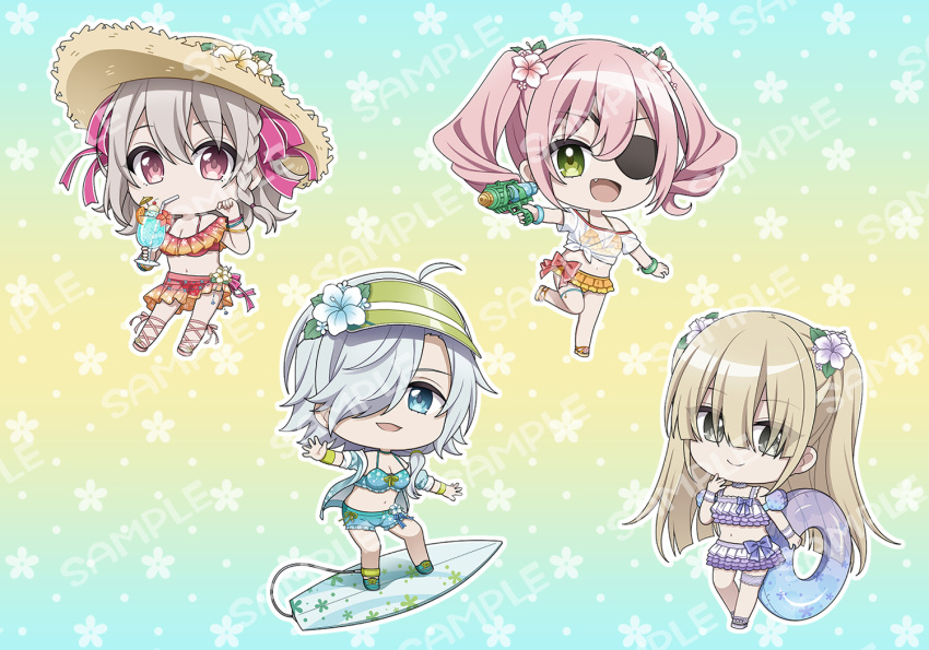 4girls :d bendy_straw bikini bikini_under_clothes blue_background blue_bikini blue_eyes blue_flower blue_footwear blue_jacket bow braid brown_headwear character_request chibi cocktail_umbrella commentary_request cup drink drinking_glass drinking_straw eyepatch fang floral_background flower gradient_background green_eyes green_headwear grey_eyes grey_hair hair_flower hair_ornament hair_over_eyes hair_over_one_eye hat holding holding_cup innertube jacket light_brown_hair long_hair multiple_girls navel off-shoulder_shirt off_shoulder open_clothes open_jacket pink_flower pink_footwear pink_hair purple_bikini purple_flower red_bikini red_bow red_eyes ryuuka_sane sample_watermark sandals see-through shirt short_sleeves single_braid smile spy_kyoushitsu straw_hat surfboard surfing swimsuit tied_shirt twintails very_long_hair visor_cap water_gun watermark white_bikini white_shirt yellow_background yellow_footwear