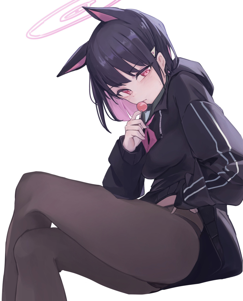 1girl absurdres animal_ears black_hair black_hoodie black_pantyhose blue_archive breasts candy clothes_lift colored_inner_animal_ears colored_inner_hair commentary crossed_legs extra_ears feet_out_of_frame food from_side green_sailor_collar hair_ornament hairclip halo head_tilt highres holding holding_candy holding_food holding_lollipop hood hood_down hoodie hoodie_lift invisible_chair jun_daniell kazusa_(blue_archive) lifted_by_self lollipop long_sleeves looking_at_viewer medium_breasts multicolored_hair panties panties_under_pantyhose pantyhose pink_hair pink_halo red_eyes sailor_collar simple_background sitting solo thighs tongue tongue_out underwear white_background