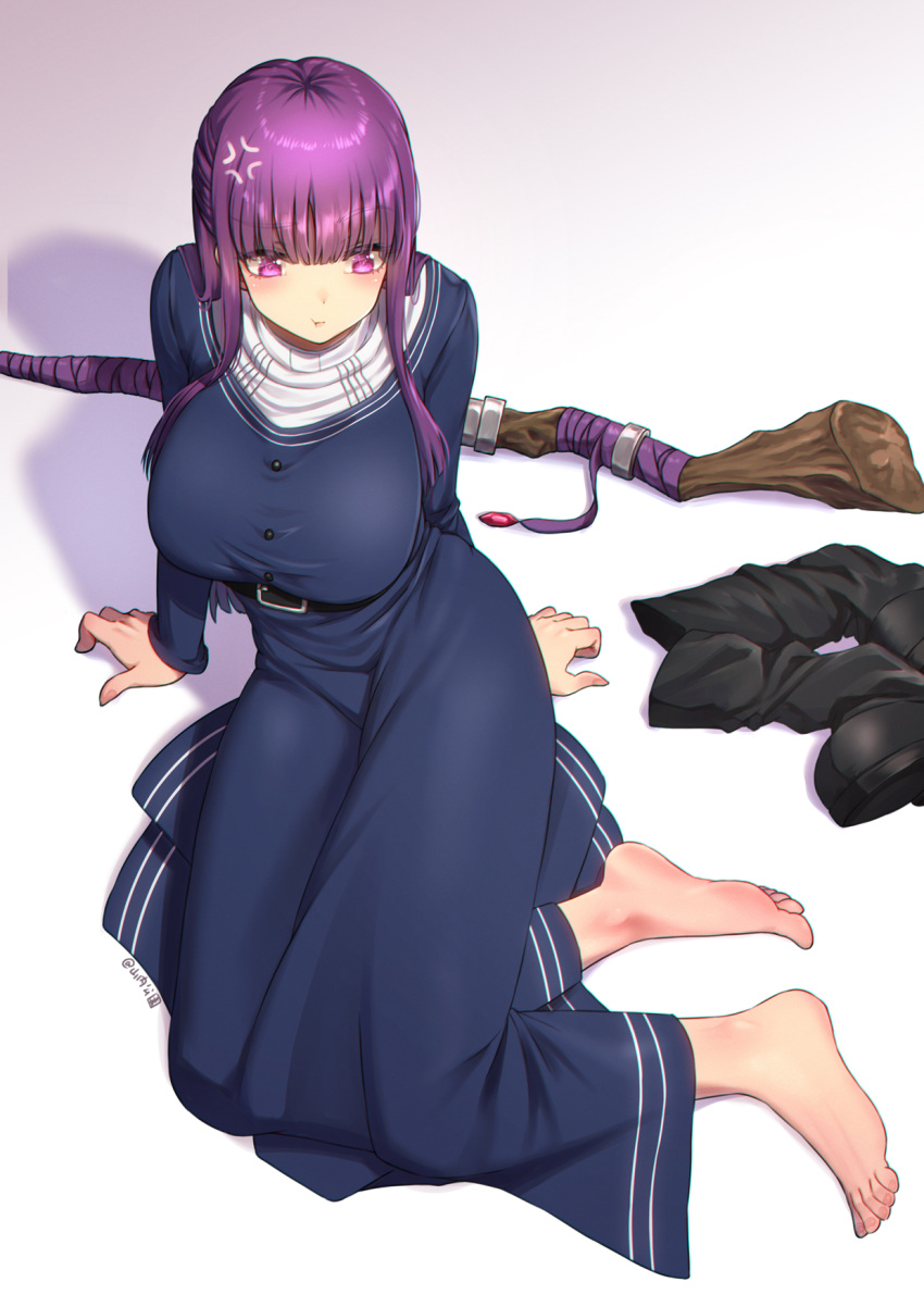 1girl anger_vein arm_support barefoot black_footwear blue_dress blunt_bangs blush boots breasts closed_mouth dress eyelashes feet fern_(sousou_no_frieren) full_body gradient_background grey_background highres impossible_clothes impossible_dress large_breasts long_hair long_sleeves on_ground paid_reward_available pout purple_eyes purple_hair shadow sidelocks sitting solo sousou_no_frieren staff toenails toes unworn_boots white_background yamauchi_(conan-comy) yokozuwari