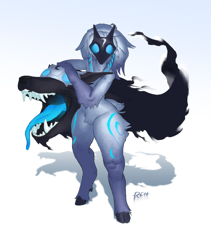 2023 anthro artist_name black_body black_fur blue_eyes blue_markings blue_tongue bovid canid canine canis caprine cloven_hooves digital_media_(artwork) duo fangs featureless_crotch fecharis female female_anthro fingers floppy_ears fur fur_markings glowing glowing_markings hair hi_res hooves kindred_(lol) lamb_(lol) league_of_legends looking_at_viewer male mammal markings mask nude open_mouth riot_games ruttinren sheep signature simple_background standing tail teeth tongue white_body white_fur white_hair wolf wolf_(lol)