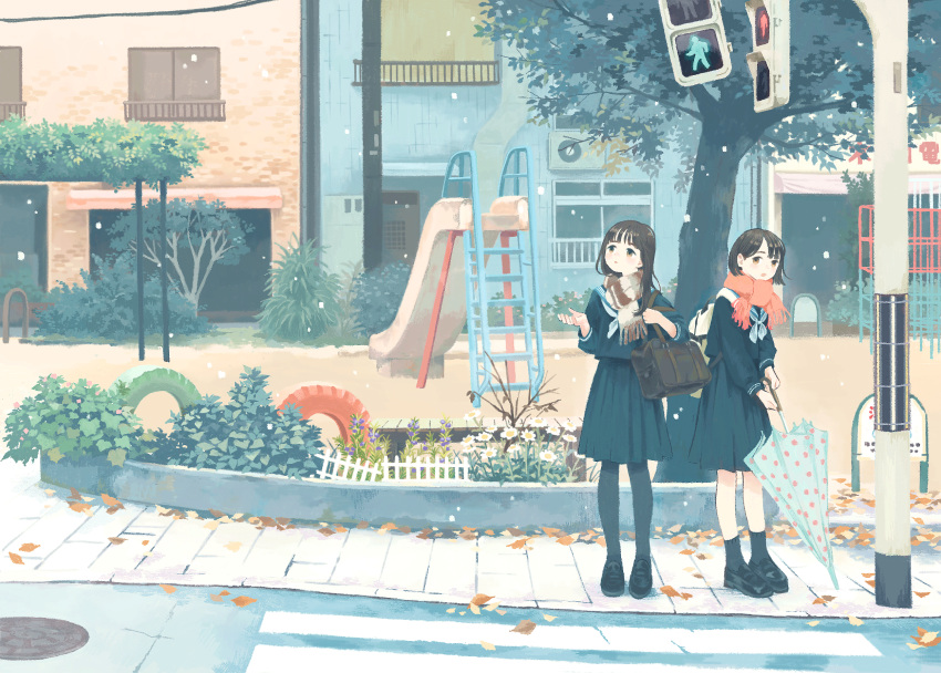 2girls black_footwear black_pantyhose black_serafuku black_skirt brown_eyes brown_hair city crosswalk highres holding holding_umbrella inoue_haruka_(haruharu210) long_hair multiple_girls orange_scarf original outdoors pantyhose pedestrian_lights playground pleated_skirt scarf school_uniform serafuku skirt slide snowing umbrella