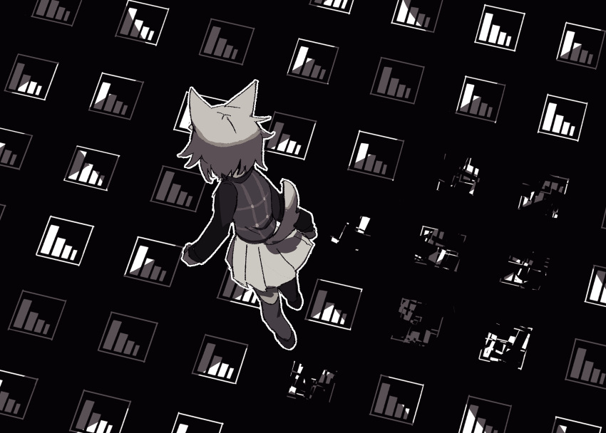 1girl animal_ears arms_at_sides commentary_request facing_away from_above from_behind gameplay_mechanics glitch greyscale highres hrdrifter kemonomimi_mode long_sleeves monochrome outline plaid plaid_vest pleated_skirt recurring_image short_hair skirt solo stairs sweater tail thighhighs urotsuki vest walking wolf_ears wolf_tail yume_2kki