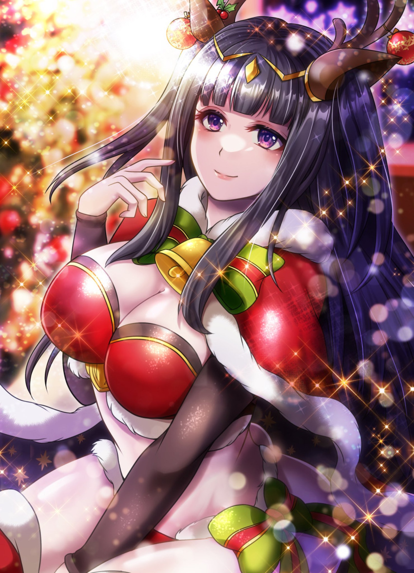 1girl akimiiiii antlers bell bikini black_hair breasts cape christmas christmas_ornaments cleavage fake_antlers fire_emblem fire_emblem_awakening fire_emblem_heroes fur_cape fur_trim highres large_breasts light_particles long_hair long_sleeves looking_at_viewer official_alternate_costume ornament purple_eyes reindeer_antlers ribbon santa_bikini smile solo swimsuit tharja_(fire_emblem) tharja_(winter)_(fire_emblem) thighhighs tiara two_side_up