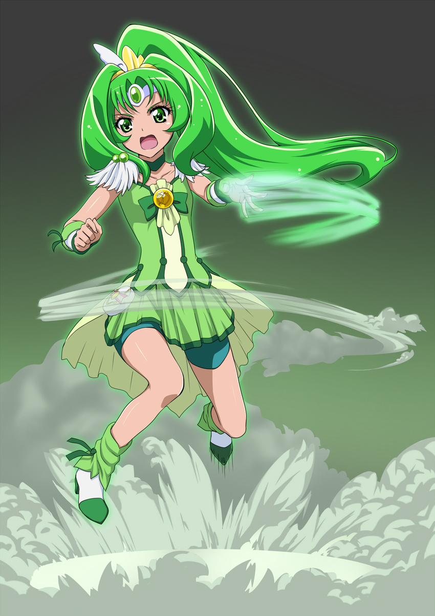 choker cure_march green green_choker green_eyes green_hair green_shorts green_skirt highres iyakun long_hair magical_girl midorikawa_nao open_mouth precure shorts shorts_under_skirt skirt smile_precure! solo