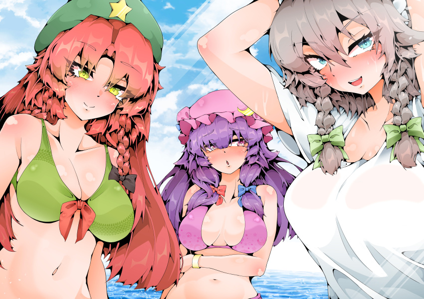 3girls :o absurdres aqua_eyes arms_up beach beret bikini black_bow blue_bow blue_sky blush bow braid breasts castagna cloud cloudy_sky collarbone commentary_request crescent crescent_hat_ornament day double_bun dragon_print eyes_visible_through_hair front-tie_bikini_top front-tie_top full-face_blush green_bikini green_bow green_eyes green_headwear grey_hair hair_between_eyes hair_bow hair_bun hair_ribbon hand_on_own_chest hat hat_ornament highres hong_meiling izayoi_sakuya large_breasts light_rays long_hair looking_at_viewer looking_to_the_side mob_cap multiple_girls navel ocean open_mouth outdoors patchouli_knowledge pink_bikini pink_eyes pink_headwear purple_hair red_bow red_hair red_ribbon ribbon shirt short_hair sidelocks sky smile star_(symbol) star_hat_ornament star_print stomach sunbeam sunlight swimsuit teeth touhou tress_ribbon twin_braids upper_body upper_teeth_only wet wet_clothes white_shirt