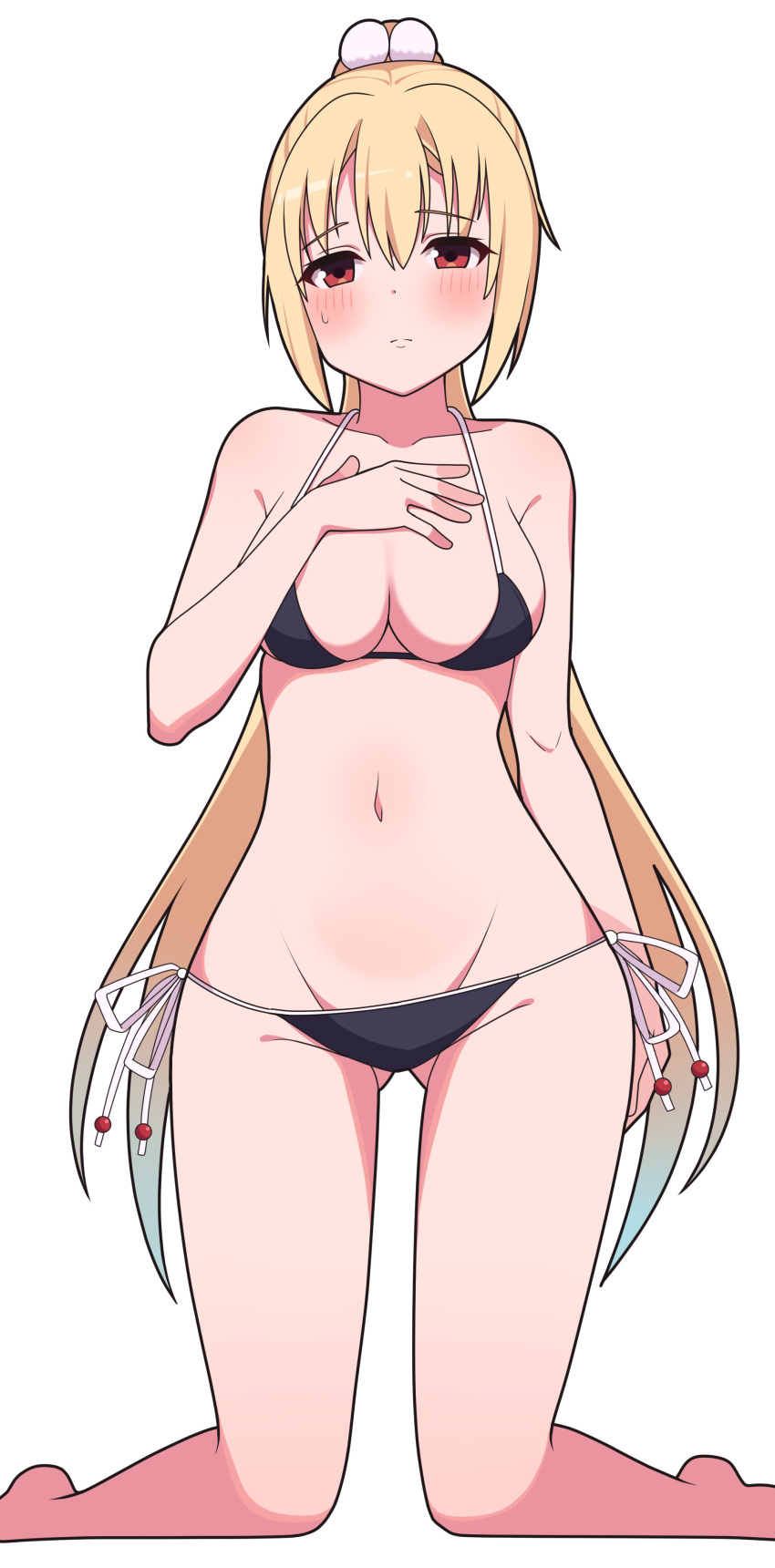 1girl absurdres arihara_nanami arm_at_side ass_visible_through_thighs bare_arms barefoot bikini black_bikini blonde_hair blush breasts cleavage closed_mouth collarbone commentary curvy eyelashes feet_out_of_frame frown groin hair_between_eyes hair_ornament halterneck hand_on_own_chest hand_up highres kneeling large_breasts long_hair looking_at_viewer navel pom_pom_(clothes) pom_pom_hair_ornament ponytail red_eyes riddle_joker shy side-tie_bikini_bottom simple_background solo stomach straight_hair sweatdrop swimsuit thighs very_long_hair white_background zlmh7okwwbmghfo