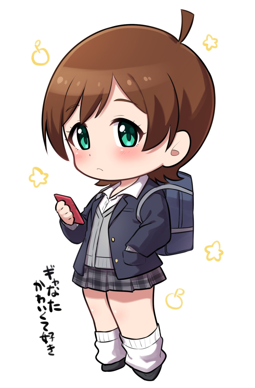 1girl ahoge black_footwear black_jacket black_skirt blush brown_hair checkered_clothes checkered_skirt chibi dot_nose expressionless green_eyes grey_vest hand_in_pocket highres holding holding_phone idolmaster idolmaster_million_live! jacket kinoshita_hinata legs long_sleeves looking_at_viewer ngetyan open_clothes open_jacket phone pleated_skirt school_uniform shirt short_hair skirt solo standing translation_request vest white_background white_leg_warmers white_shirt