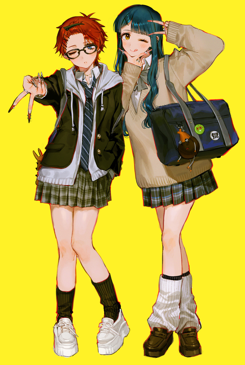 2girls ;o ;q absurdres bag bespectacled blush bow bowtie brown_sweater_vest charm_(object) diagonal-striped_necktie fingernails full_body glasses gyaru hand_on_own_chin highres idolmaster idolmaster_million_live! julia_(idolmaster) kitakami_reika loafers loose_socks multiple_girls nail_polish necktie one_eye_closed plaid plaid_skirt pleated_skirt ribbed_socks school_bag school_uniform shoes simple_background skirt smile sneakers socks stroking_own_chin sweater_vest tongue tongue_out v yatatashira yellow_background