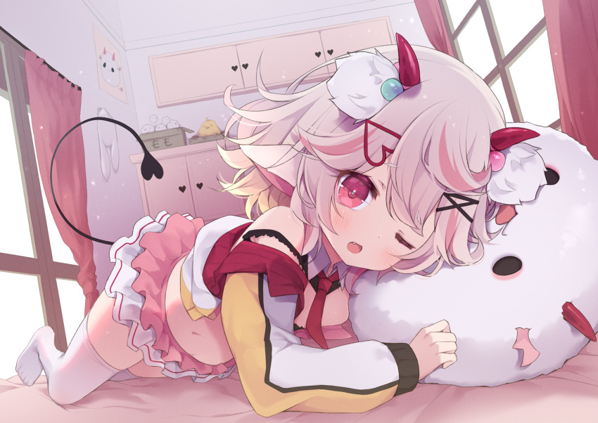 1girl animal_ears arashiya bed bedroom demon_tail detached_collar fang hair_ornament hairclip horns indie_virtual_youtuber indoors jacket looking_at_viewer lying midriff miniskirt momokyu_u navel necktie no_shoes off_shoulder official_art on_bed on_side one_eye_closed open_mouth pink_eyes pink_hair pink_skirt red_necktie short_hair skirt smile solo stuffed_toy tail thighhighs thighs two-tone_skirt white_jacket white_skirt white_thighhighs window