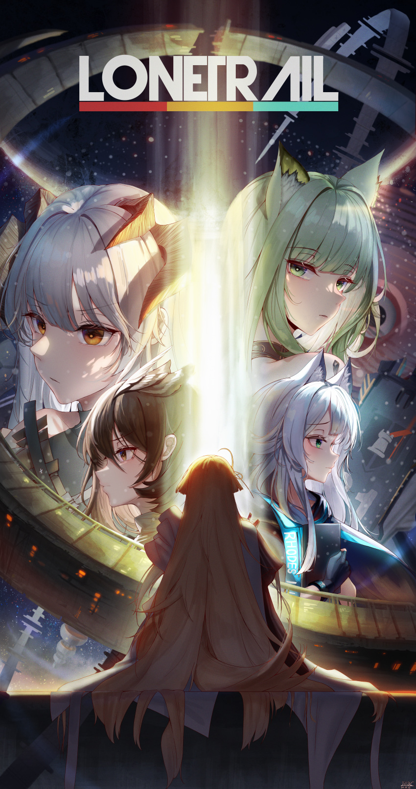 5girls absurdres animal_ear_fluff animal_ears arknights blonde_hair blush brown_hair cat_ears cat_girl commentary dog_ears dog_girl dog_tail dragon_girl dragon_horns english_commentary english_text from_behind green_eyes green_hair grey_hair highres horns kal'tsit_(arknights) kristen_(arknights) lilac_(k32420276) long_hair looking_at_viewer movie_poster multiple_girls owl_ears profile rosmontis_(arknights) saria_(arknights) silence_(arknights) silence_the_paradigmatic_(arknights) space space_station tail very_long_hair yellow_eyes